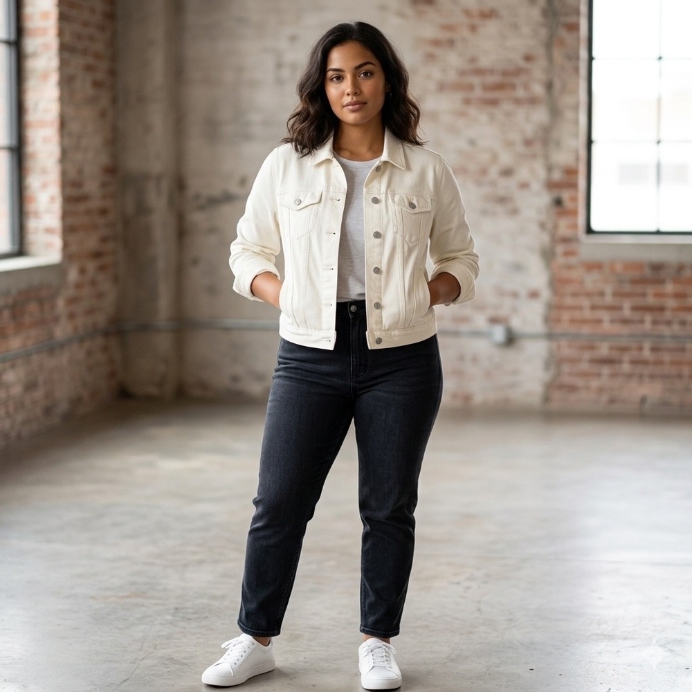 Old Navy Womens Size Large White Denim Trucker Jacket Stretch Cotton Jean Coat